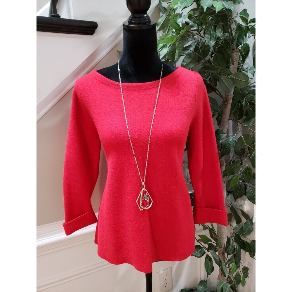 Tahari Women Red Fleece Viscose Back Zip Round Neck Long Sleeve Sweater Medium